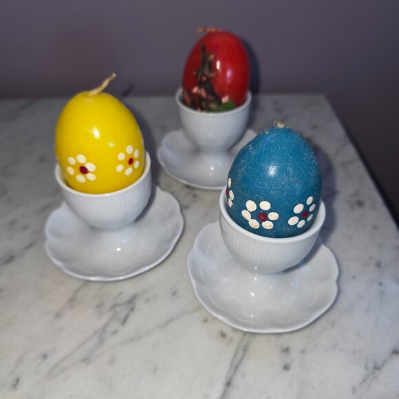 Kaiser Germany Porcelain Egg Cups Set of 3 w/ Vintage Easter Candle Eggs Cottage - Picture 2 of 10